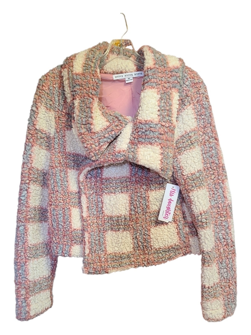Hyfve Pastel Plaid Sherpa Teddy Jacket M NWT Cozy Fleece Cropped Wrap Coat